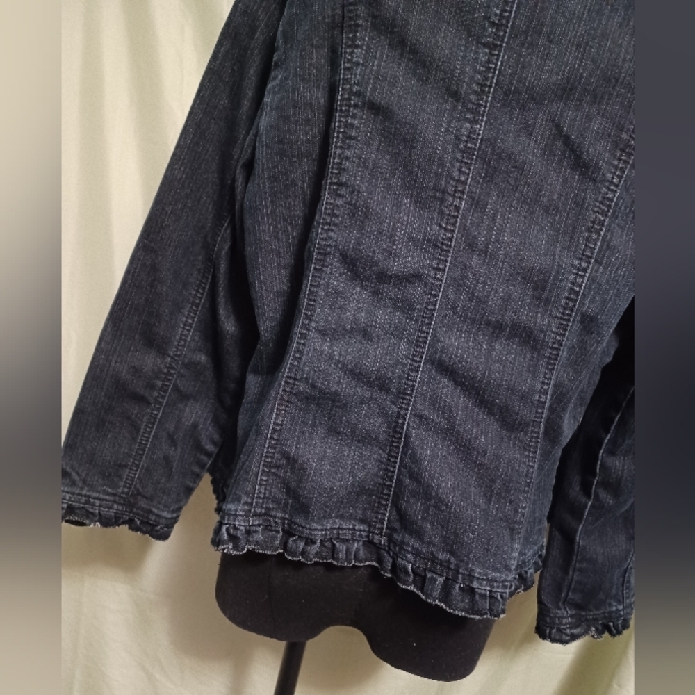 Petite Sophisticate Blue Denim Ruffle-Trim Jean Jacket Velvet Detail Design - Picture 9 of 14